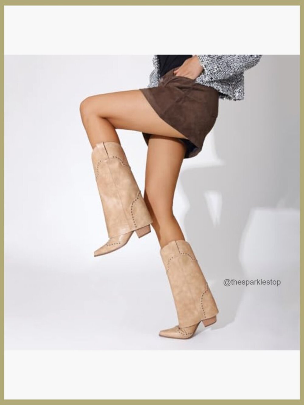 Faux Leather Snip Toe Fold Over Chunky Heel Pull On Cowboy Studded Boots - Picture 7 of 7